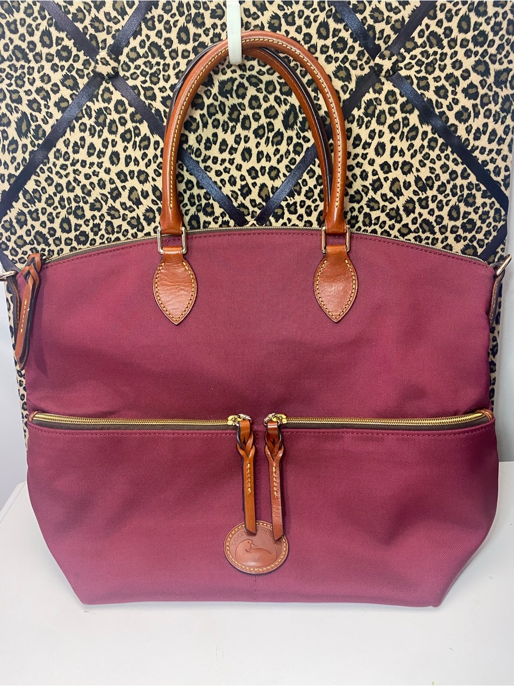 Dooney & Bourke Burgundy Nylon Satchel with Cognac Brown Leather Trim Duck Logo